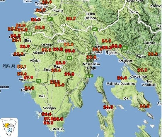 Temperature u Istri 16. lipnja u 10,30 sati već su dosezale visoke vrijednosti (Istramet) 