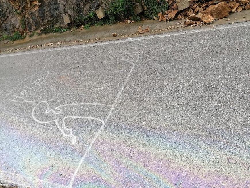 Ovu su poruku mještani Sovinjaka nacrtali na oronulom asfaltu i cesti koja vodi iz doline Mirne gore prema njima